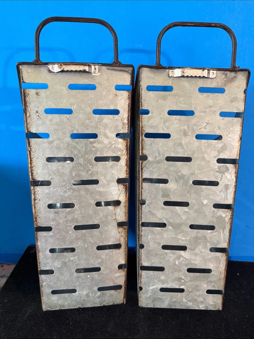 2 Galvanized Wall Pocket Planter - Rustic Silver Metal Hanging Vase with Handles